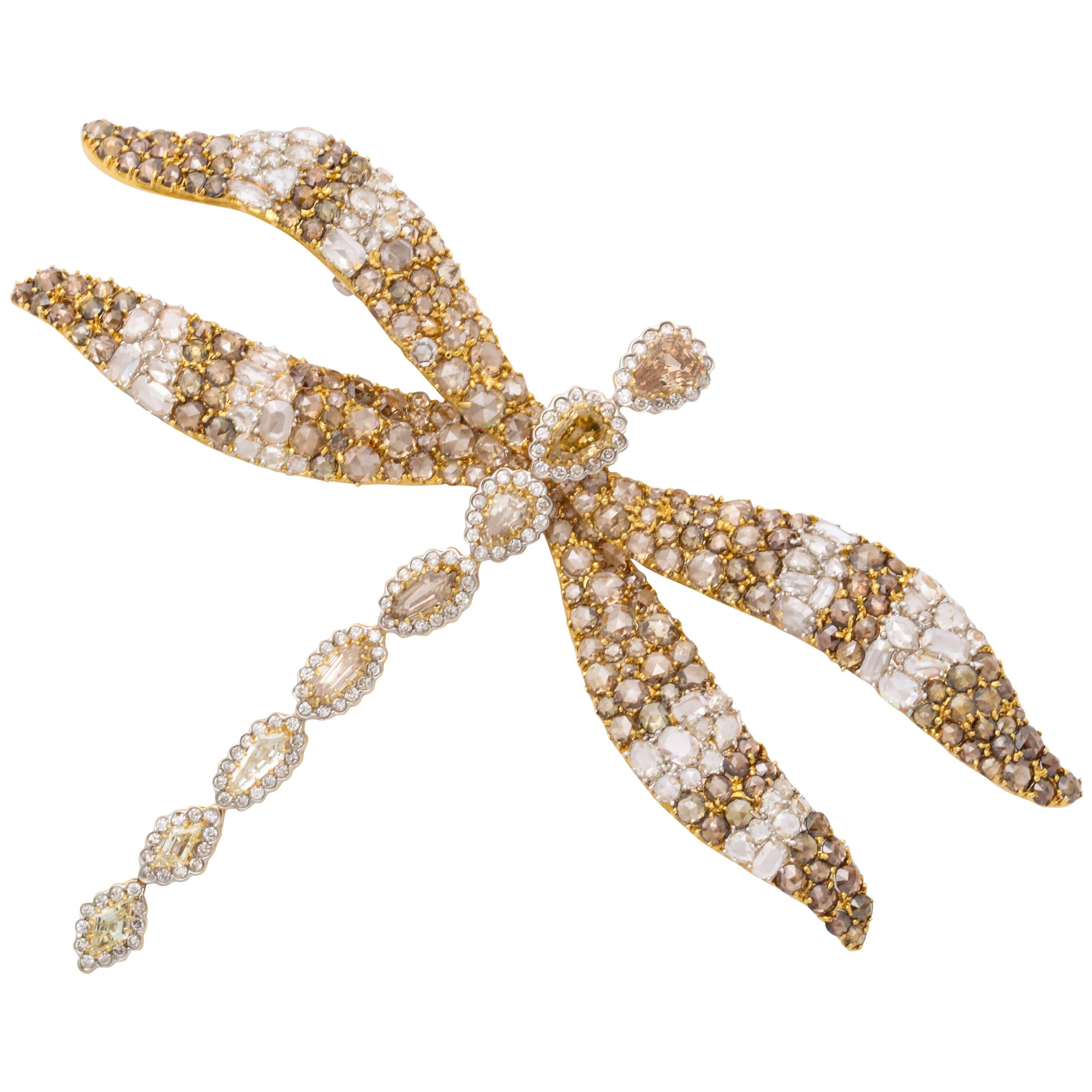 18 Karat Yellow Gold Multi-Color Dragonfly Brooch For Sale