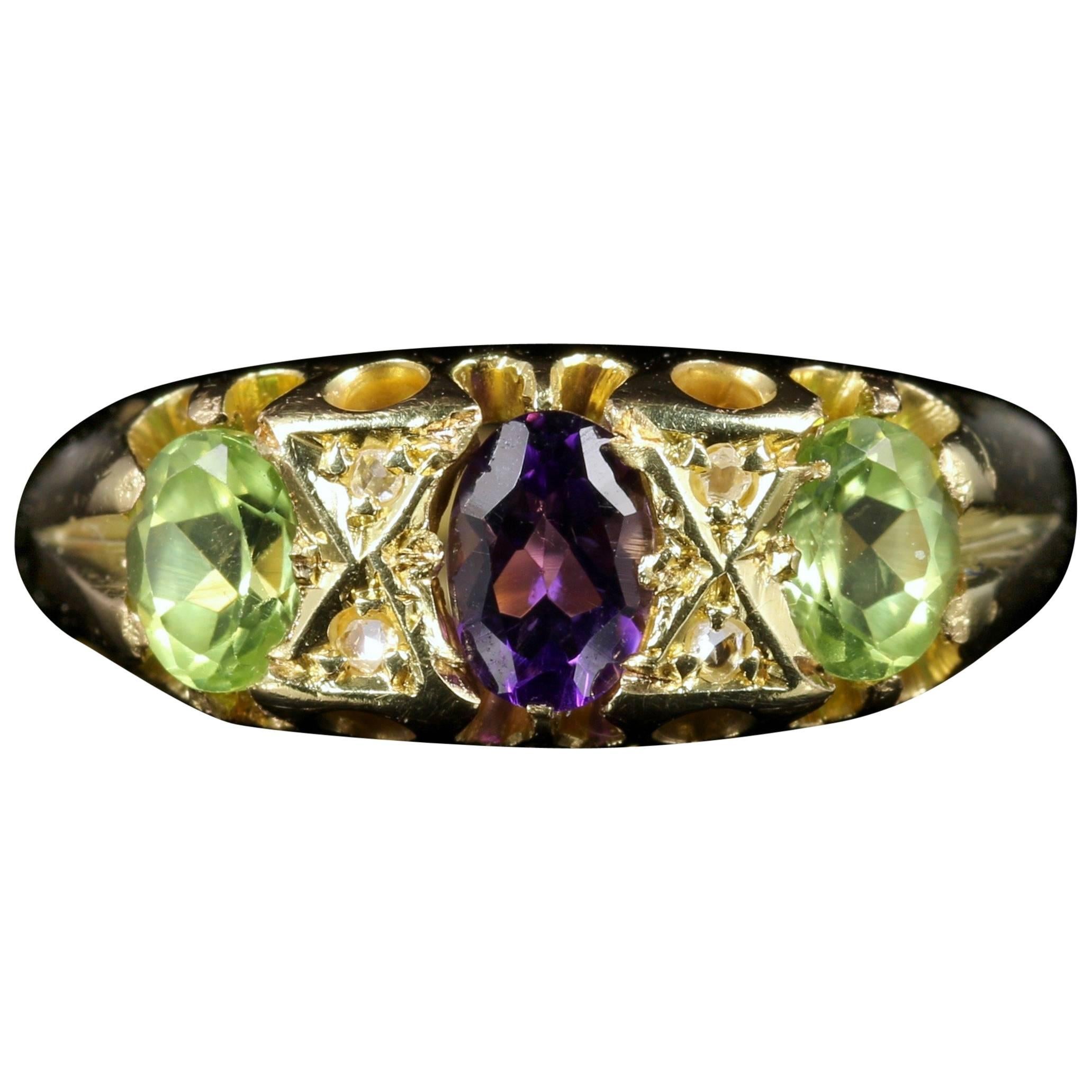 Antique Victorian Suffragette Ring Amethyst Peridot Diamond 18 Carat Gold