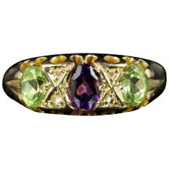 Antique Victorian Suffragette Ring Amethyst Peridot Diamond 18 Carat Gold