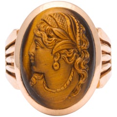 Antique Victorian Tiger Eye Stone Cameo Gold Ring