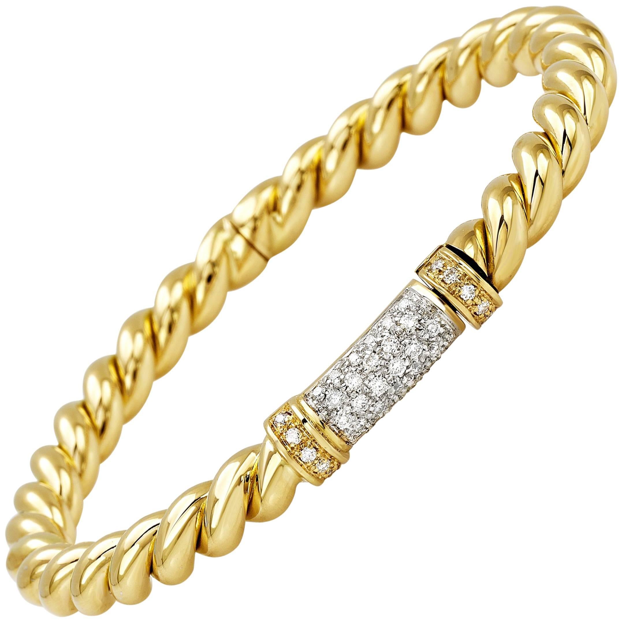 Rope Bangle in 18 Karat Yellow Gold with White Diamonds
