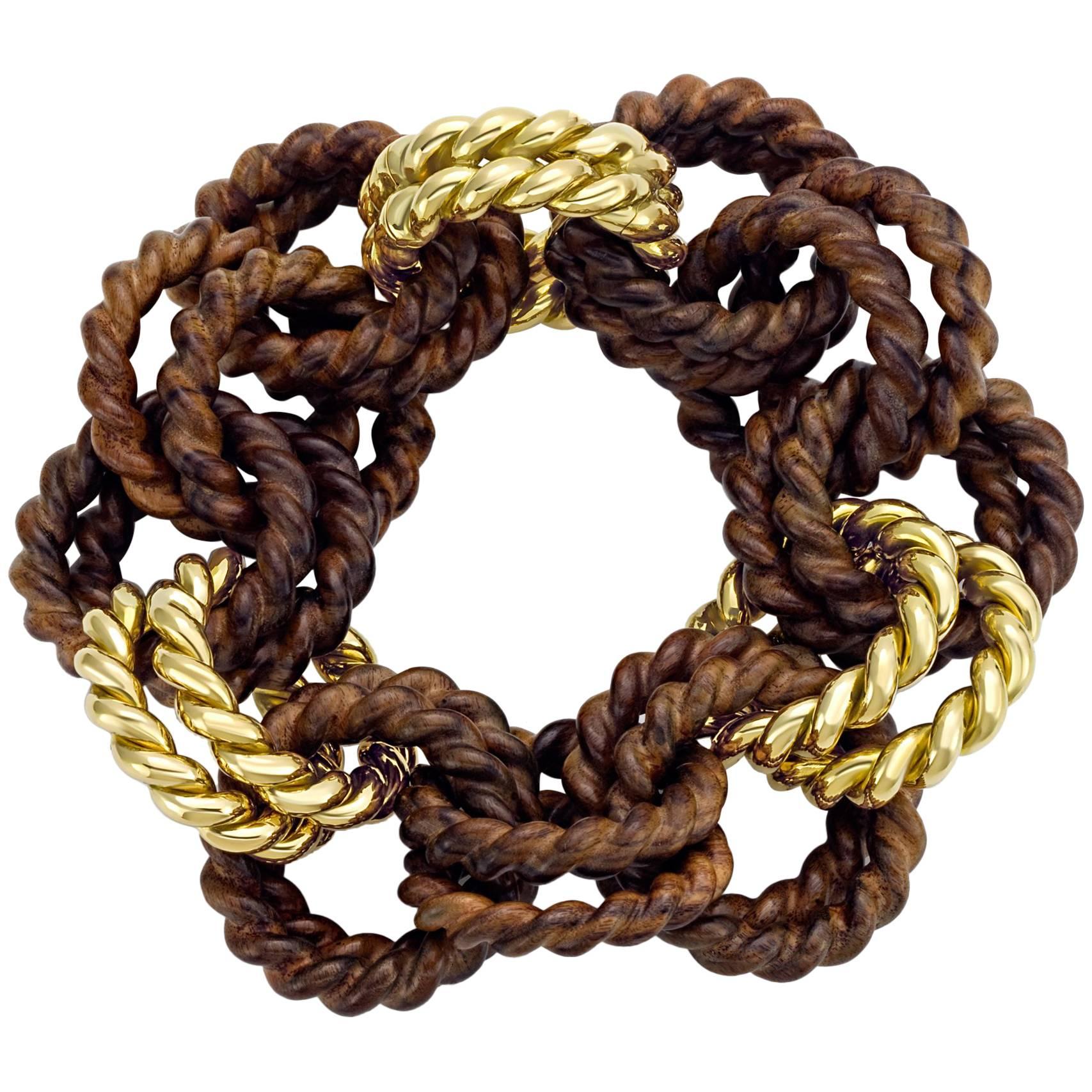 Bracelet from the Collection "Rope" 18 Karat Yellow Gold and Rosewood