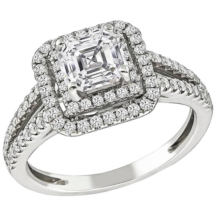 1.06 Carat Square Emerald Cut Diamond Double Halo Engagement Ring For Sale