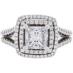 GIA Certified 1.57 Carat Princess Cut Diamond Double Halo Engagement Ring