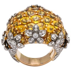 18 Karat Yellow Gold Yellow Sapphire and Diamond Dome Ring