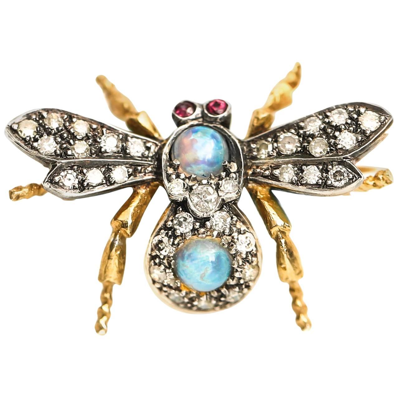 1950s Diamond Ruby Opal 18 Karat Gold and Sterling Silver Insect Brooch Pendant