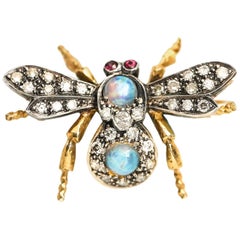 1950s Diamond Ruby Opal 18 Karat Gold and Sterling Silver Insect Brooch Pendant