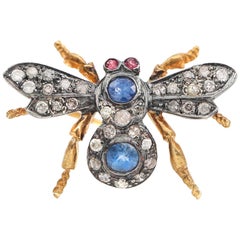 Vintage 1950s Diamond Sapphire Ruby 18 Karat Gold Sterling Silver Insect Brooch Pendant