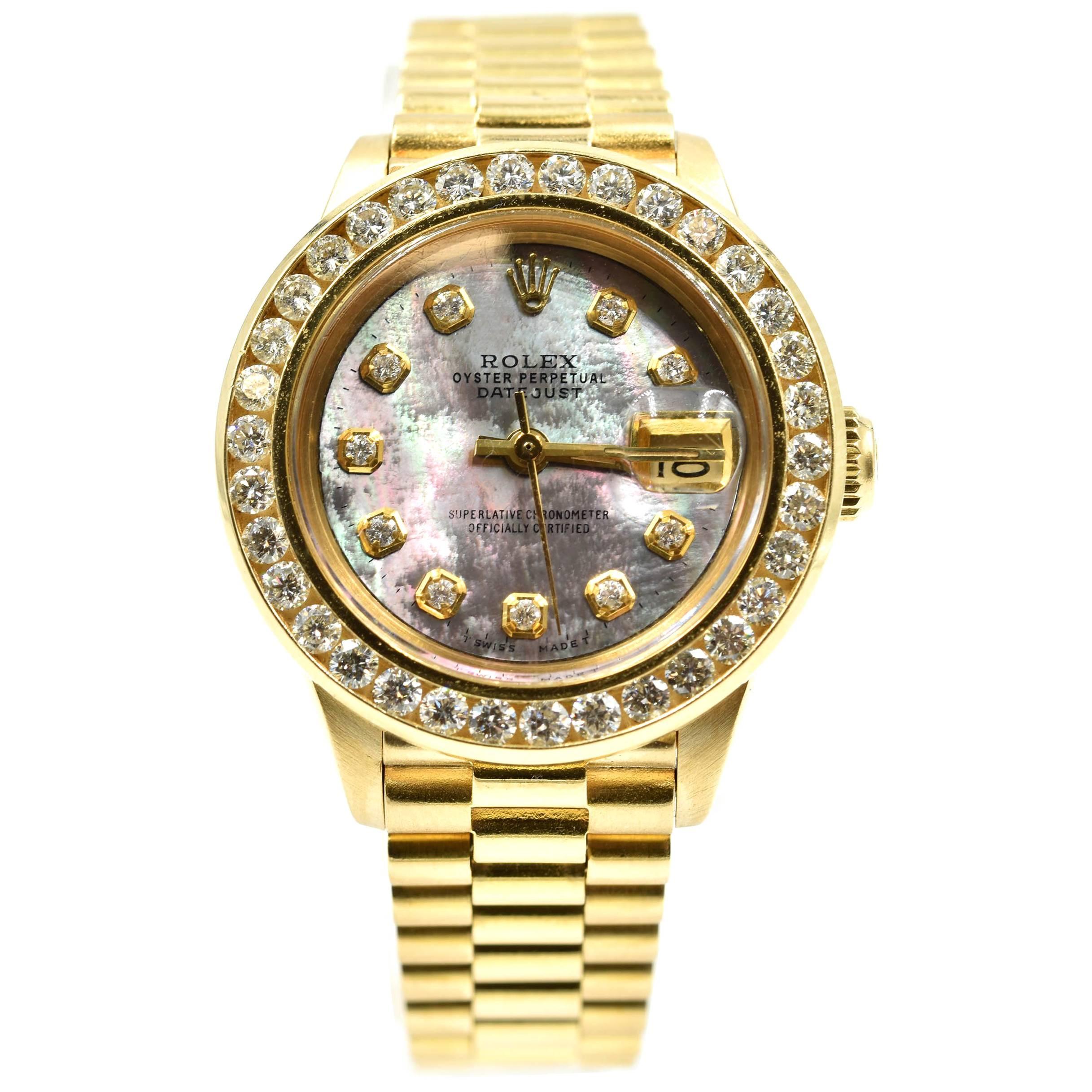 Rolex Ladies Yellow Gold Diamond Mother-of-Pearl President Automatic Wristwatch