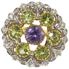 Diamonds Tsavorite Amethyst Yellow and White Gold Flower Ring