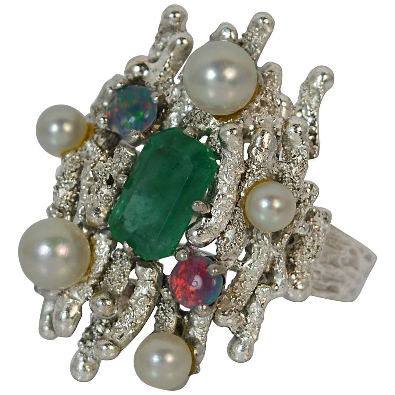 Emerald Opal and Pearl 18 Carat White Gold Cocktail Ring
