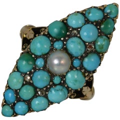 Victorian 18 Carat Gold Pearl and Turquoise Marquise Navette Ring