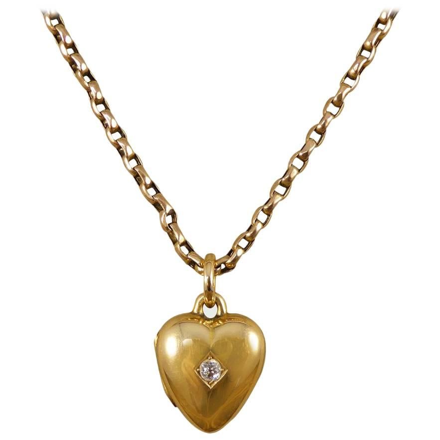 Late Victorian Diamond Set Heart Locket Necklace in 15ct Gold and 9ct Gold Chain