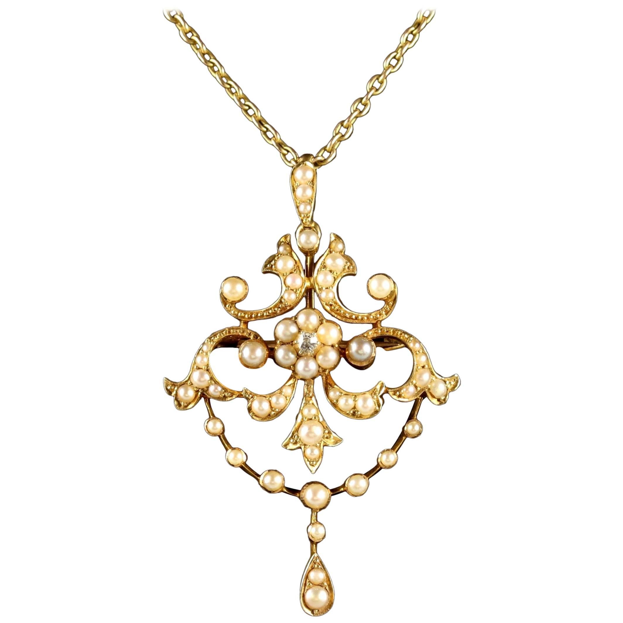 Antique Victorian Pearl Diamond 15 Carat Gold Pendant Brooch Necklace circa 1900