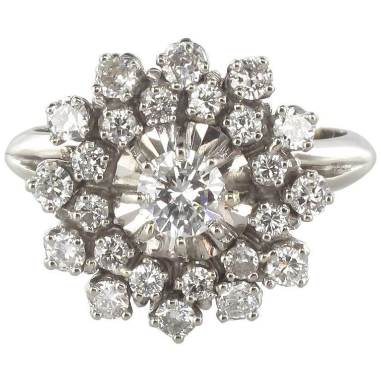 French 1960s Retro Cluster 18K White Gold 1.13 Carat Diamond Ring at ...