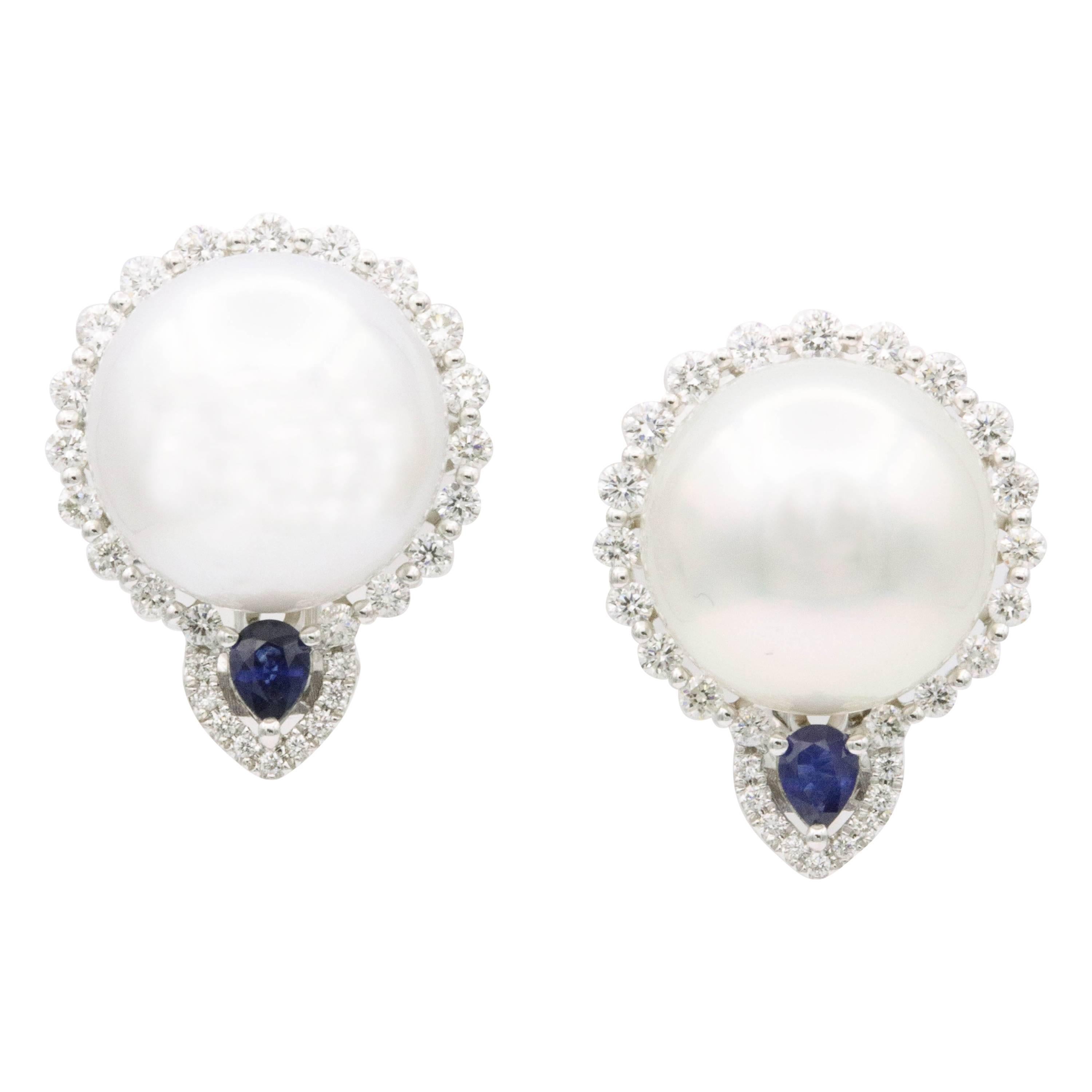 South Sea Pearl and Diamond with Sapphire Accent Studs Earrings For Sale