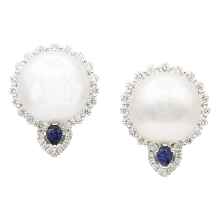 South Sea Pearl and Diamond with Sapphire Accent Studs Earrings For ...