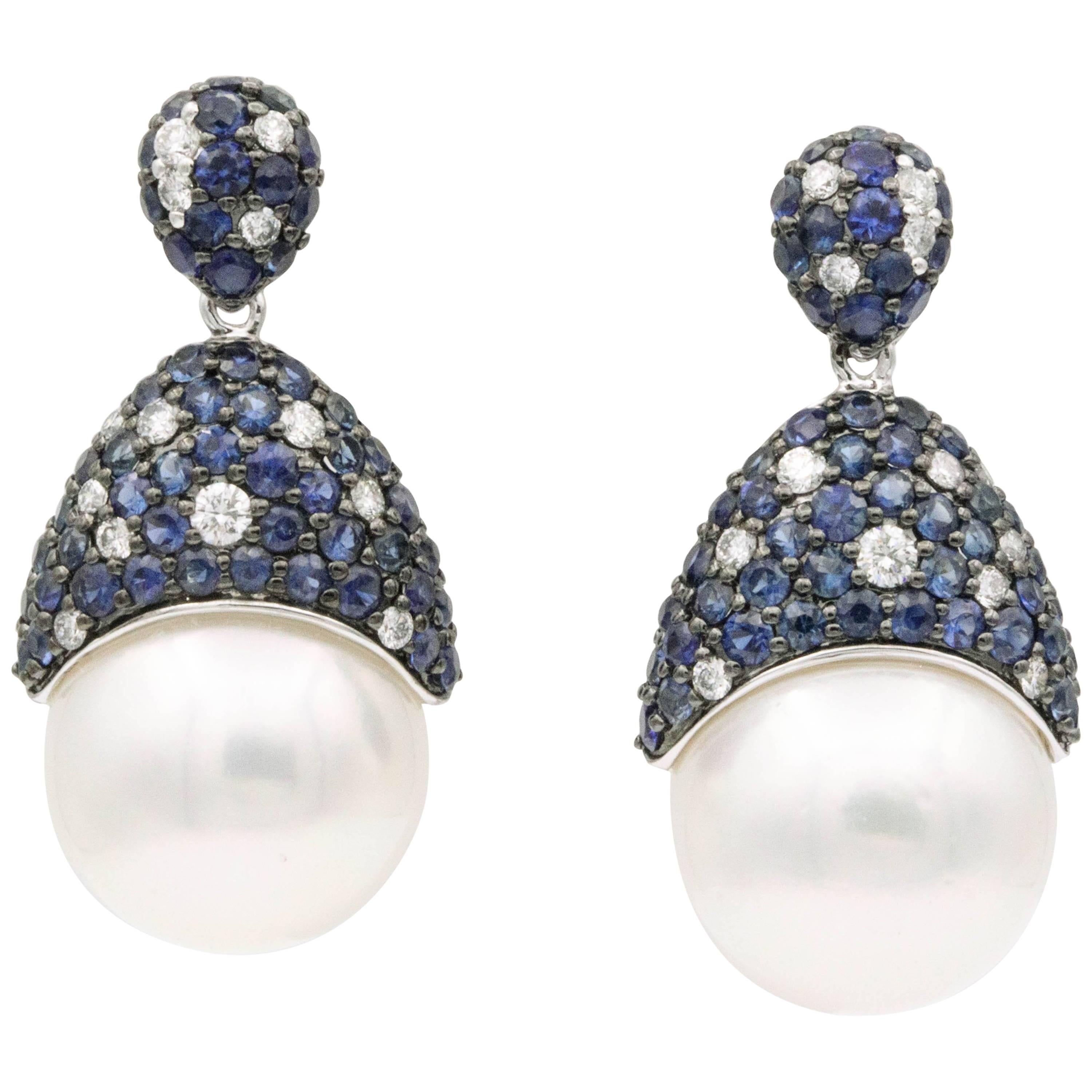 Sapphire & Diamond South Sea Pearl Drop Earrings 3.52 Carats 18 Karat White Gold