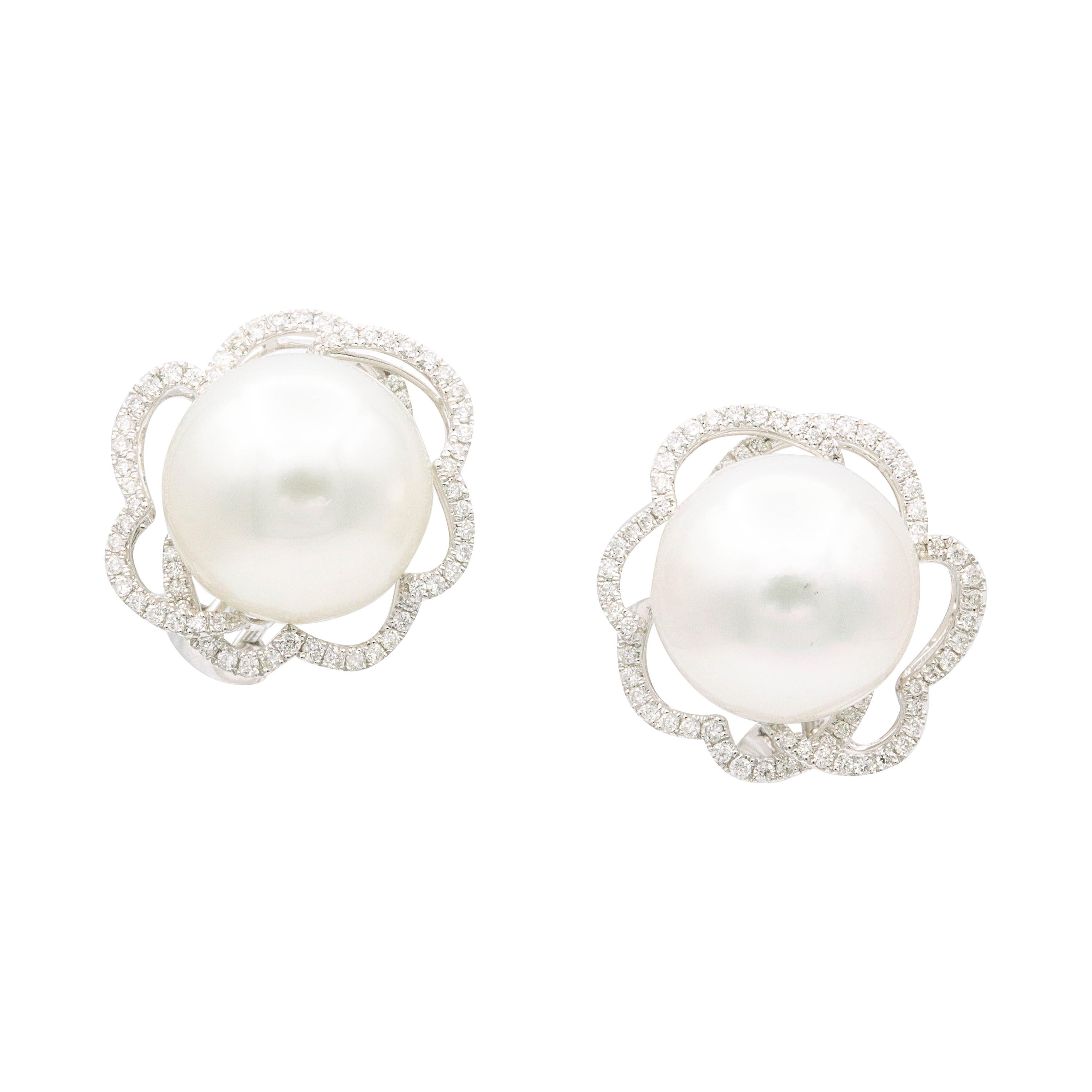 South Sea Pearl Diamond Floral Halo Earrings 0.60 Carats 18K