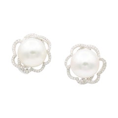 South Sea Pearl Diamond Floral Halo Earrings 0.60 Carats 18K South Sea Pearl Diamond Floral Halo Earrings 0.60 Carats 18K