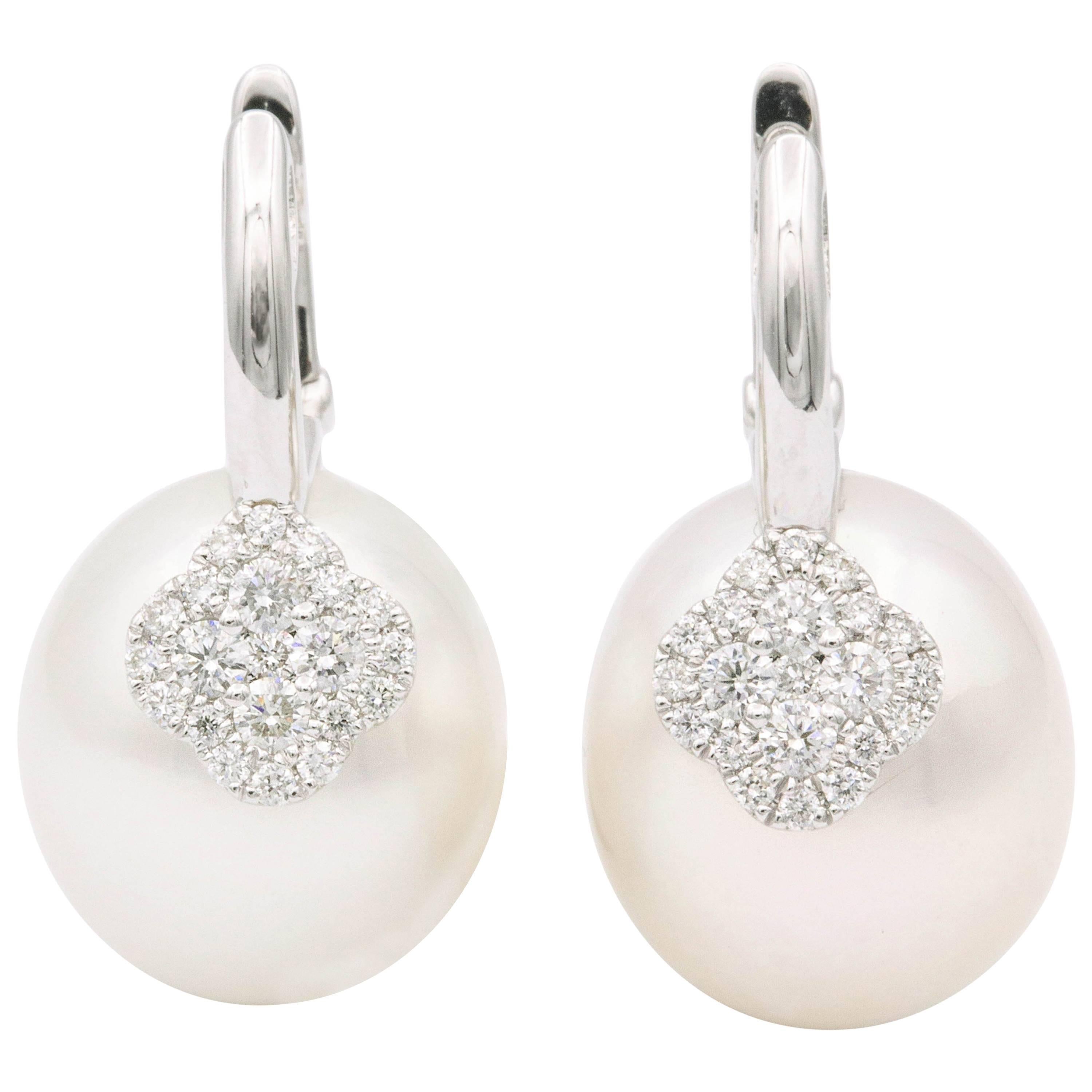 South Sea Pearl Oval Shape Drop Earrings with Diamond Accent