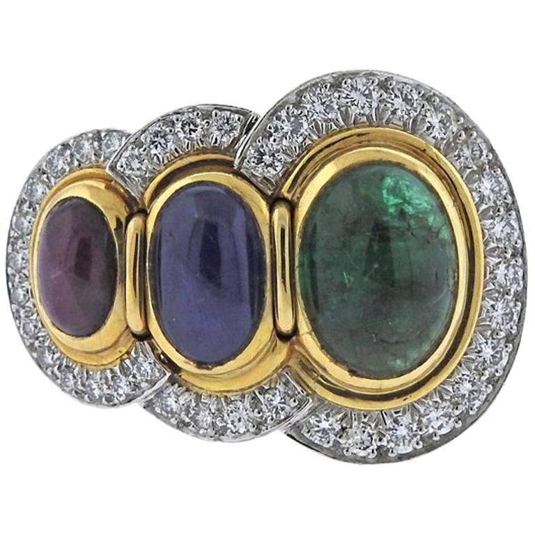 David Webb Emerald Ruby Sapphire Diamond Gold Platinum Ring For Sale