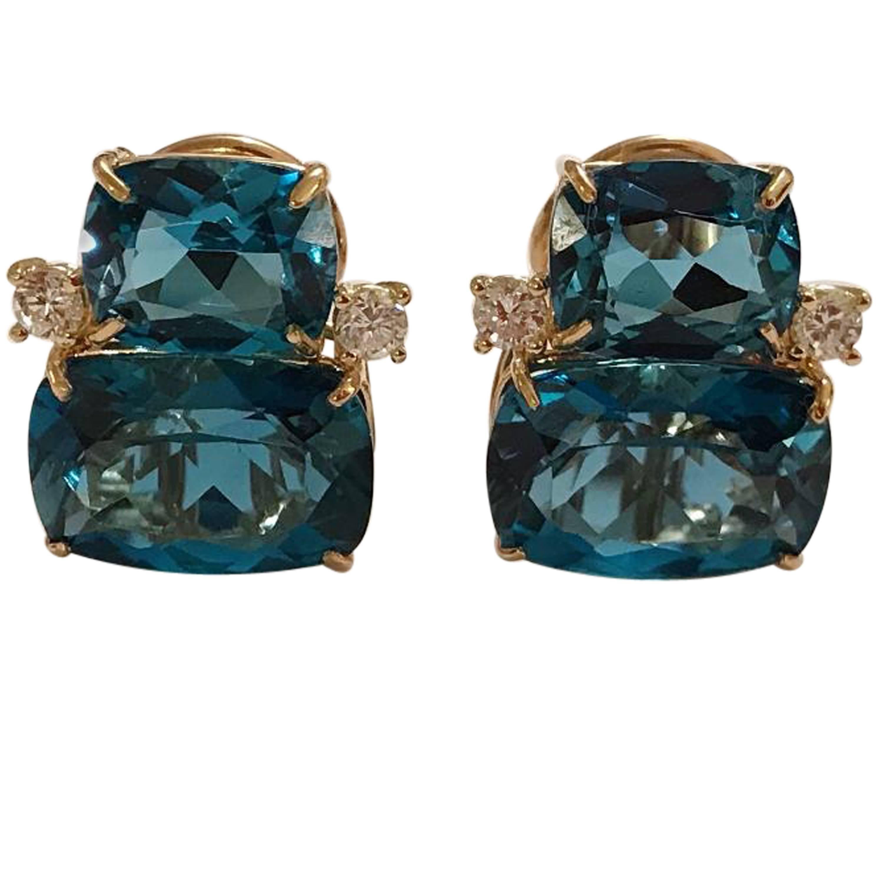 Double Cushion Blue Topaz Stone Diamond Yellow Gold Earrings