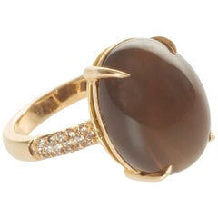 Cabochon Grey Moonstone 18 Karat Gold Cocktail Ring with Pave Diamonds
