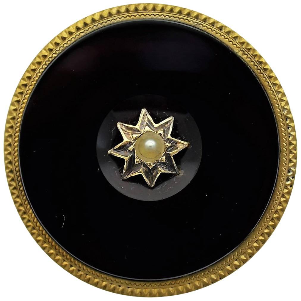 Solid Gold Hand Constructed Art Deco Pin with Large Round Onyx Stone For Sale