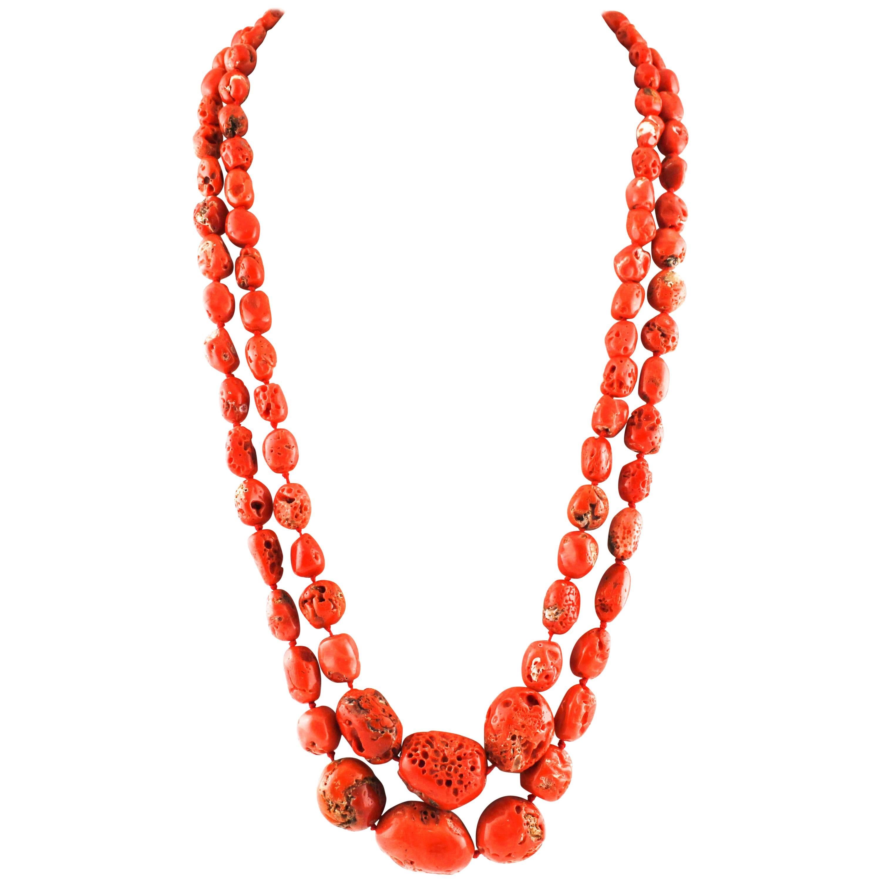 Red Coral Rows, Diamonds, Rose Gold and Silver Double Strand Necklace For Sale
