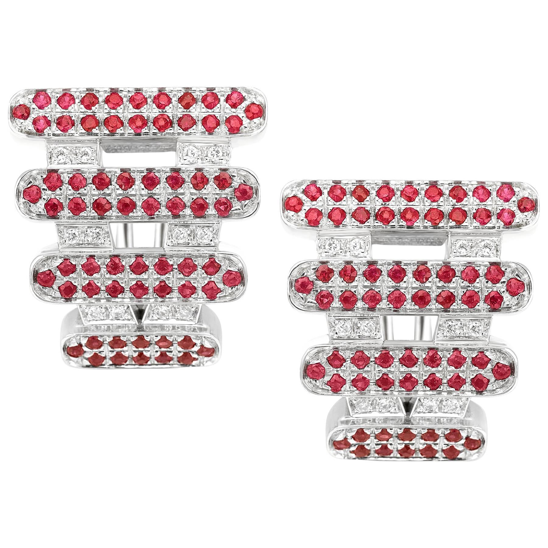 Earrings Collection "Moonlight" 18 Karat White Gold Ruby and White Diamonds For Sale