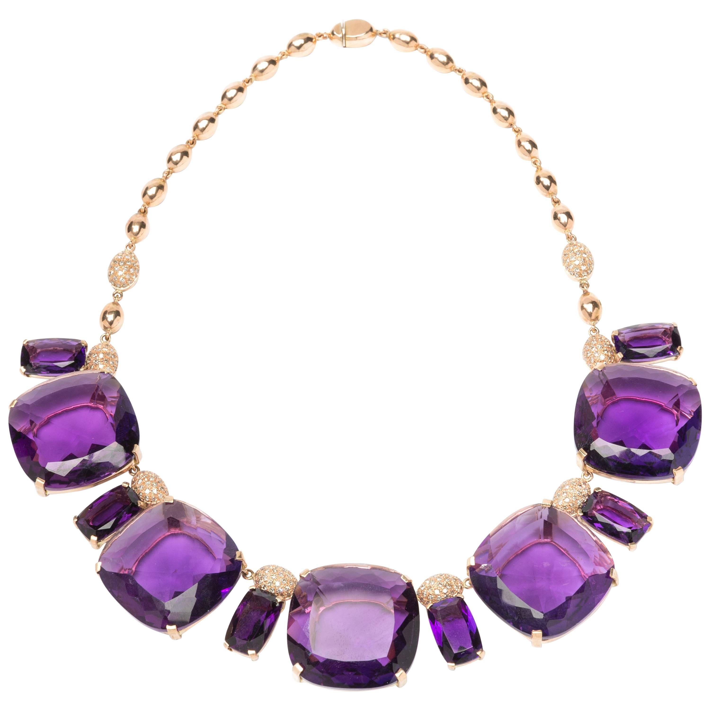 Deep Purple Amethyst Diamond Red Gold Necklace For Sale