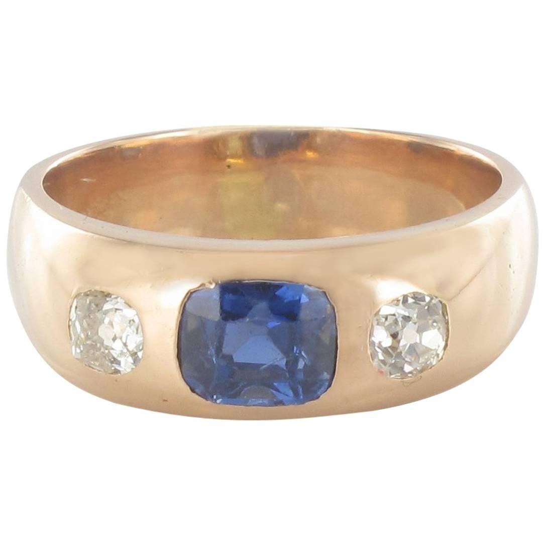 1900s Men or Women Sapphire Diamonds 18K Gold Band Ring
