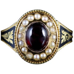 Antique Georgian Gold Garnet Pearl Mourning Ring