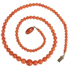 Graduated Salmon Coral Beaded Necklace with 800 Silver Clasp