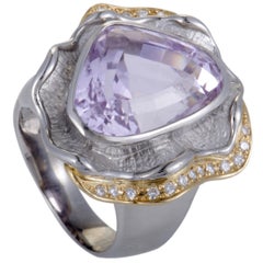 Vintage Diamond and Kunzite Platinum and Yellow Gold Cocktail Ring