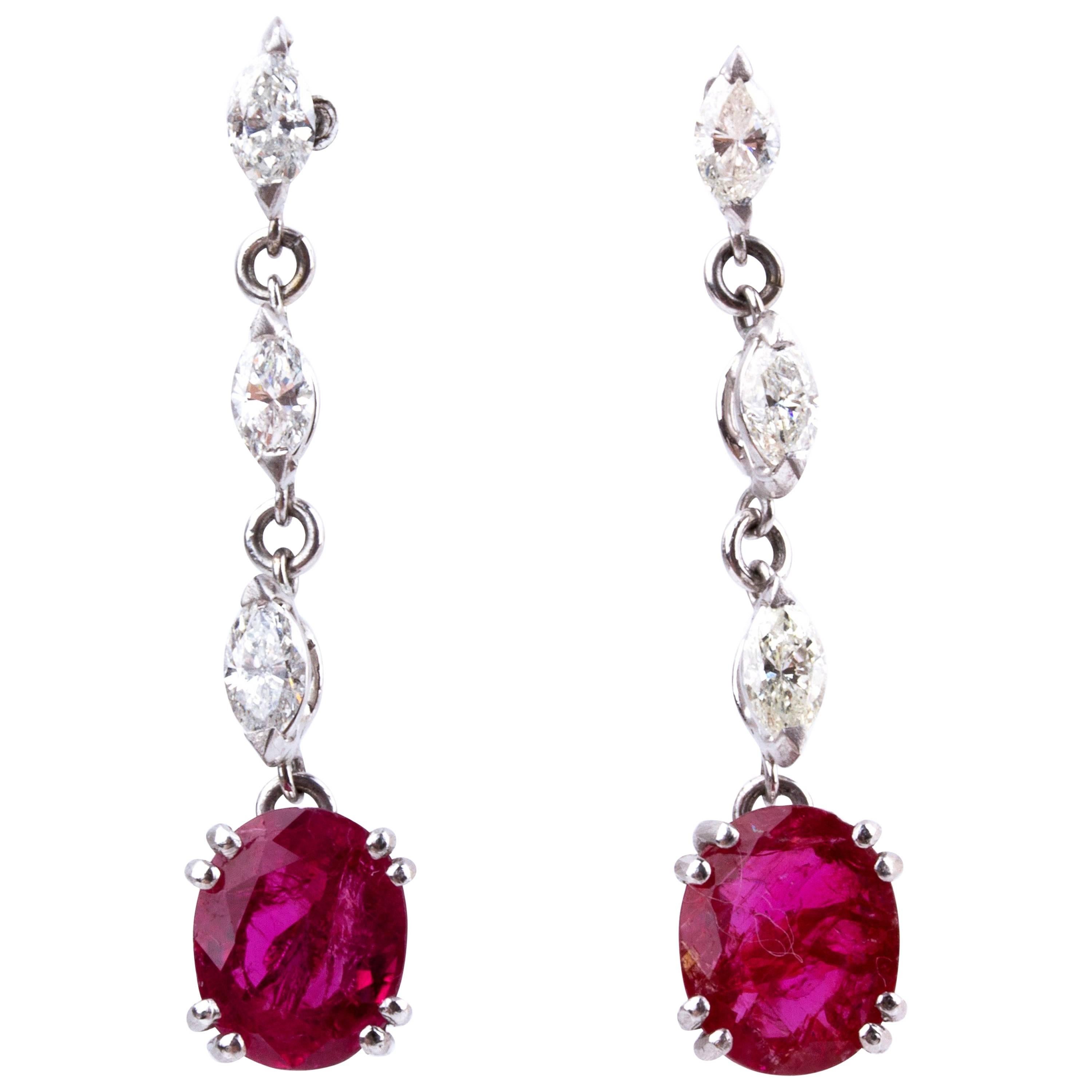 Pair of Gold Ruby and Diamond Pendent Earrings For Sale