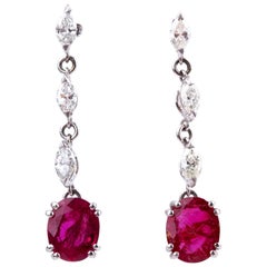 Pair of Gold Ruby and Diamond Pendent Earrings