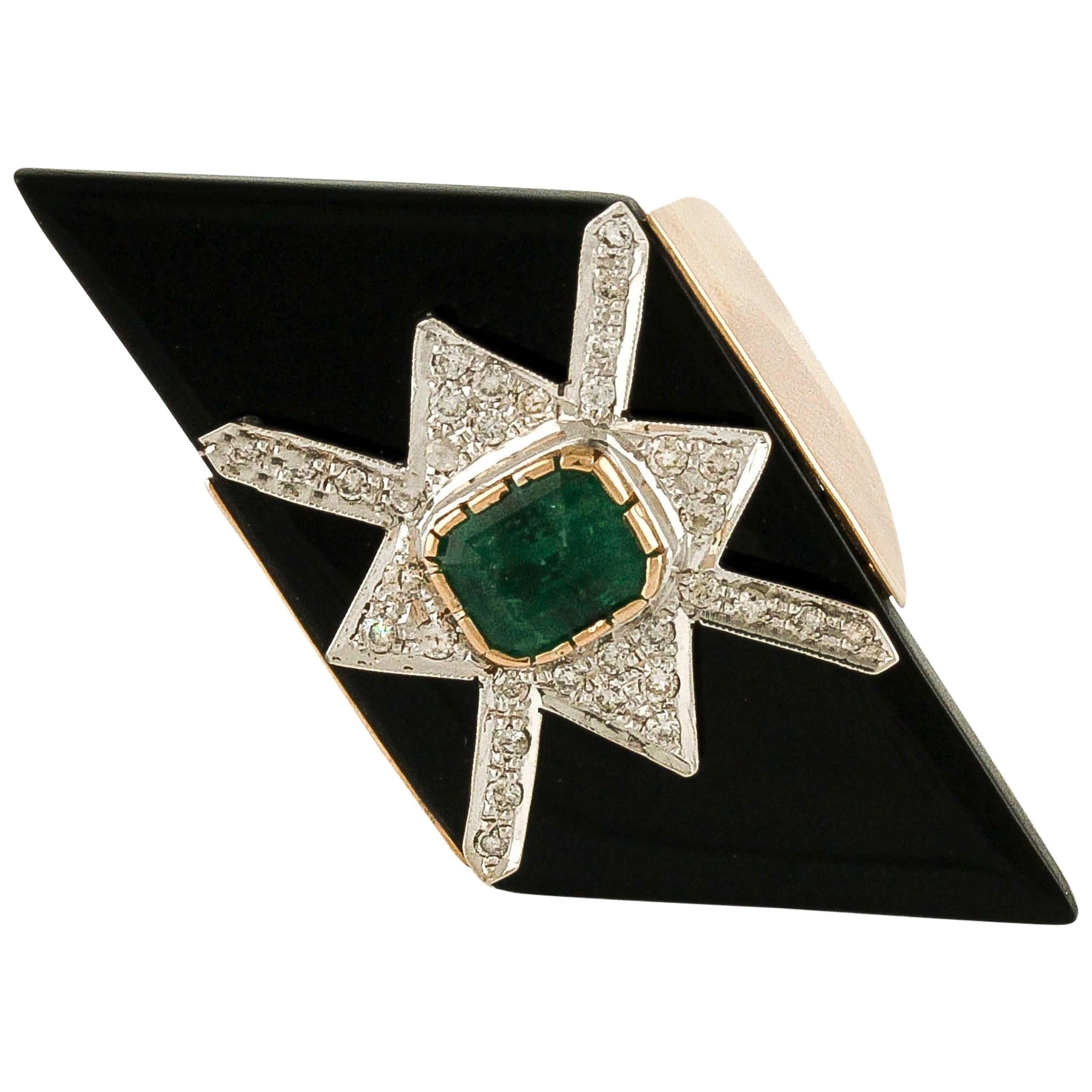 Diamonds Emeralds Onyx Rose Gold Ring 