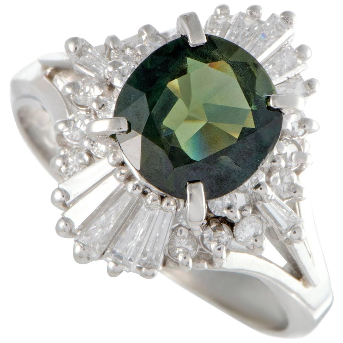 Diamond and Green Sapphire Platinum Ring
