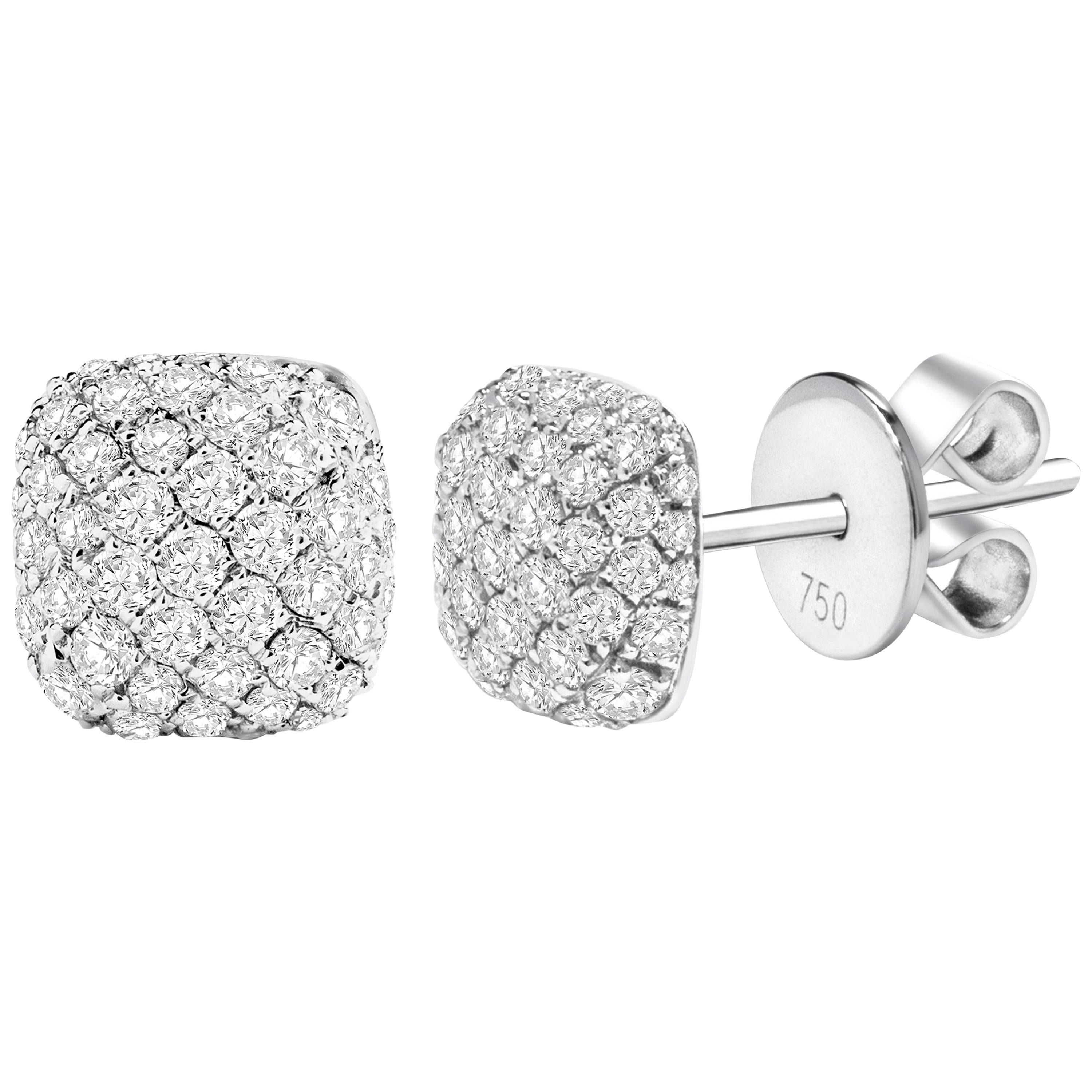 Showcasing a cluster of brilliant round diamonds pave set in a cushion shape stud earrings. Diamonds weigh 0.90 carats total, Made in 18k white gold. 

Style available in different price ranges. Prices are based on your selection. Please contact us