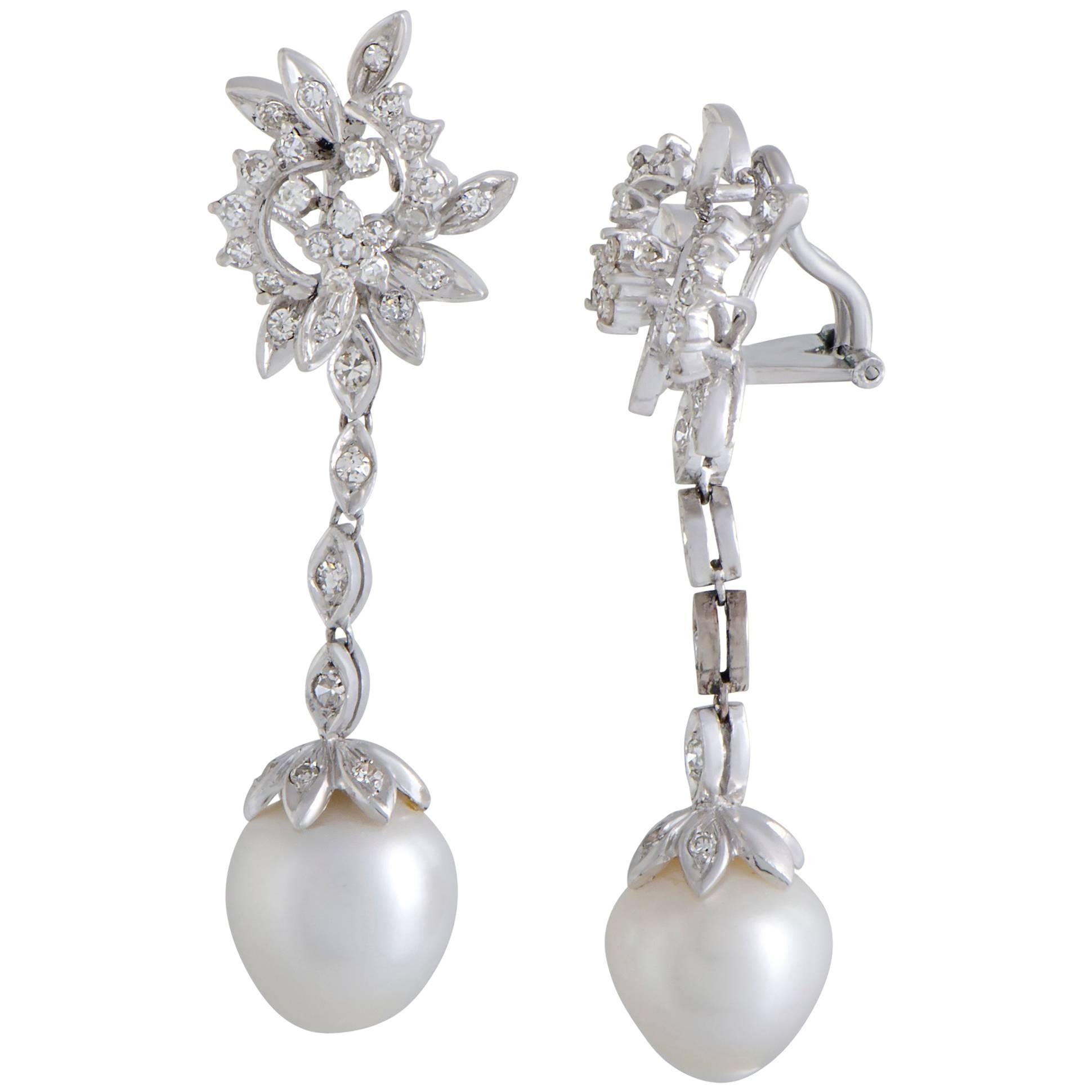 Diamond and Pearl White Gold Dangling Clip-On Earrings