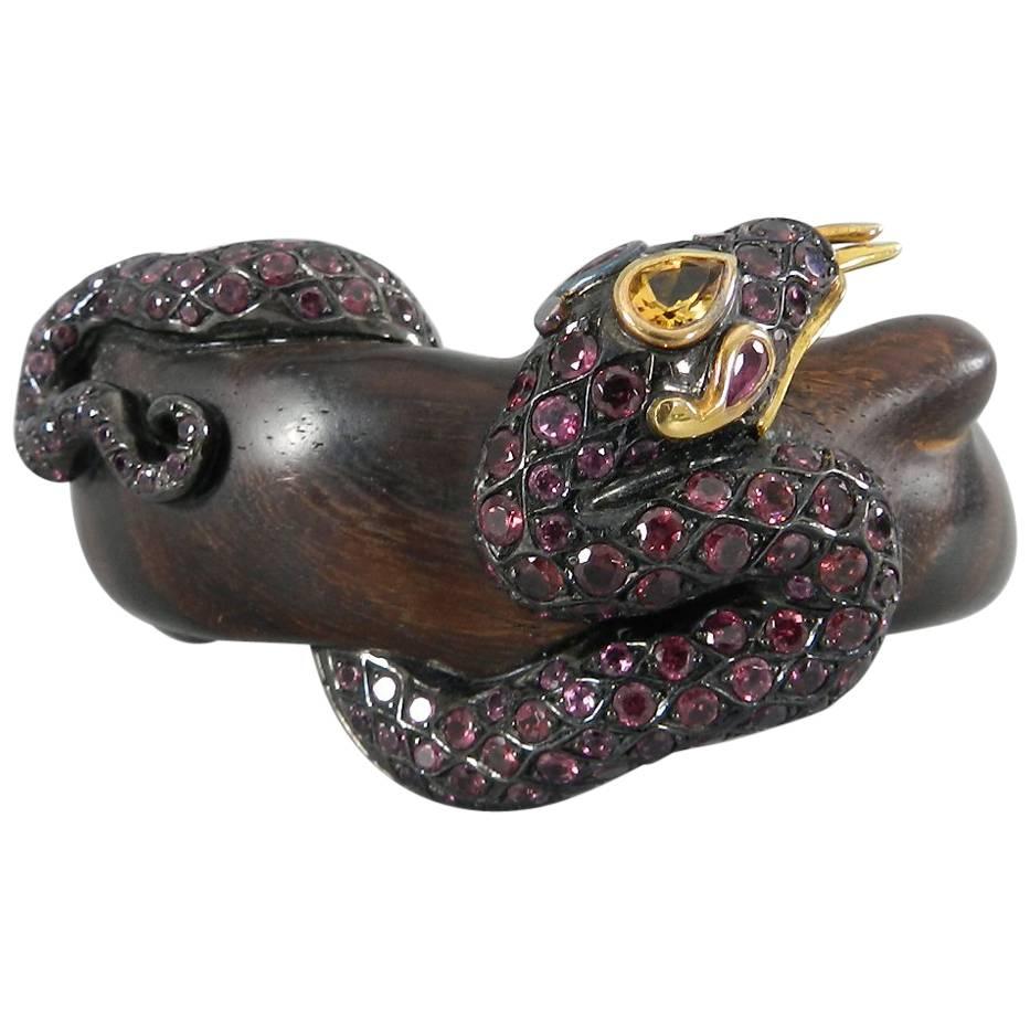 Lotus Arts de Vivre Gold, Pink Sapphire and Ebony Snake Cuff Bracelet For Sale