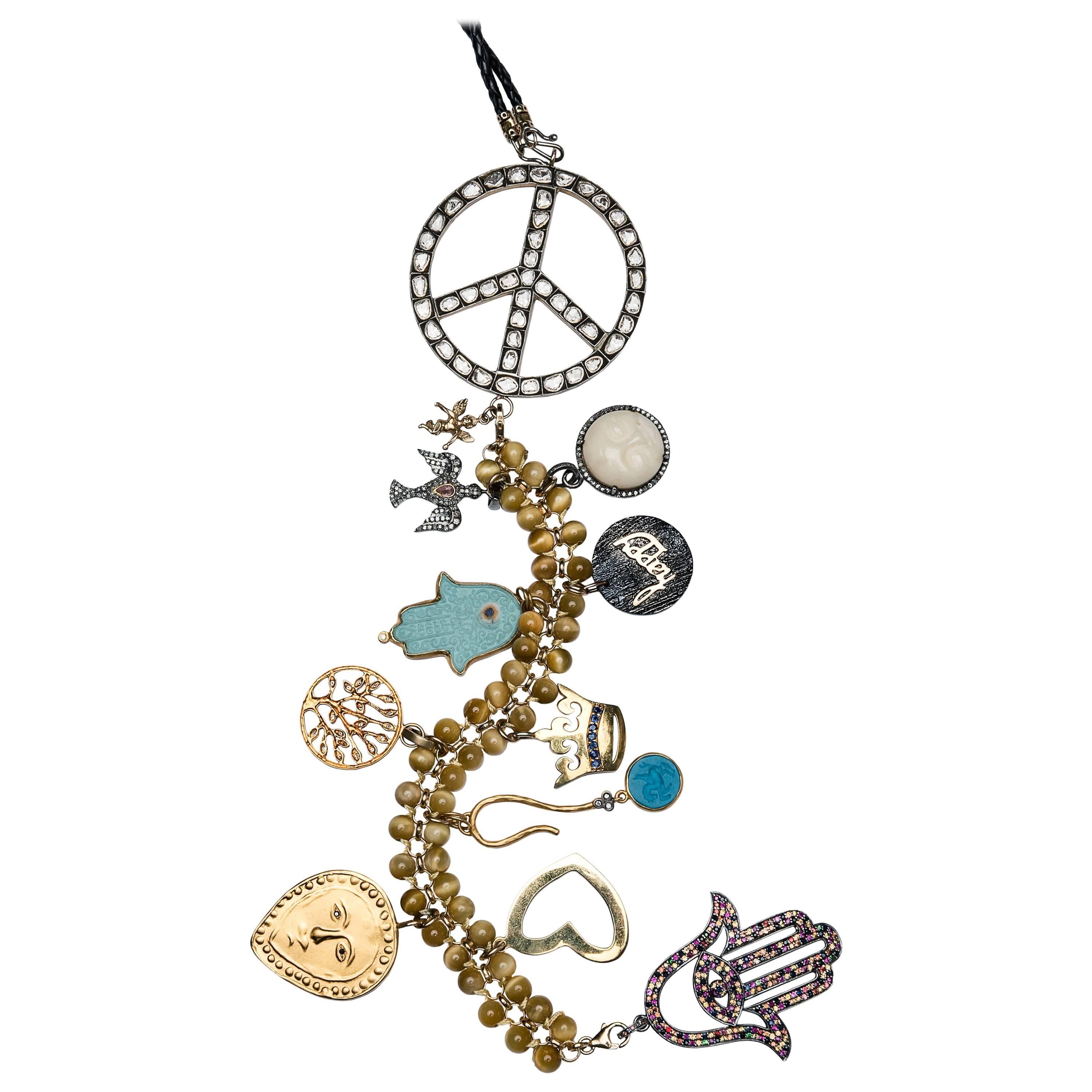 Clarissa Bronfman Diamond, Tiger Eye Beads, Bone 'Fearless' Symbol Tree Necklace