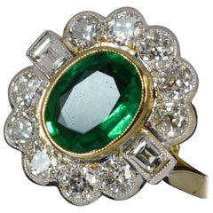 Large Emerald and 1.30 Carat Old Cut Diamond 18 Carat Gold Cluster Ring