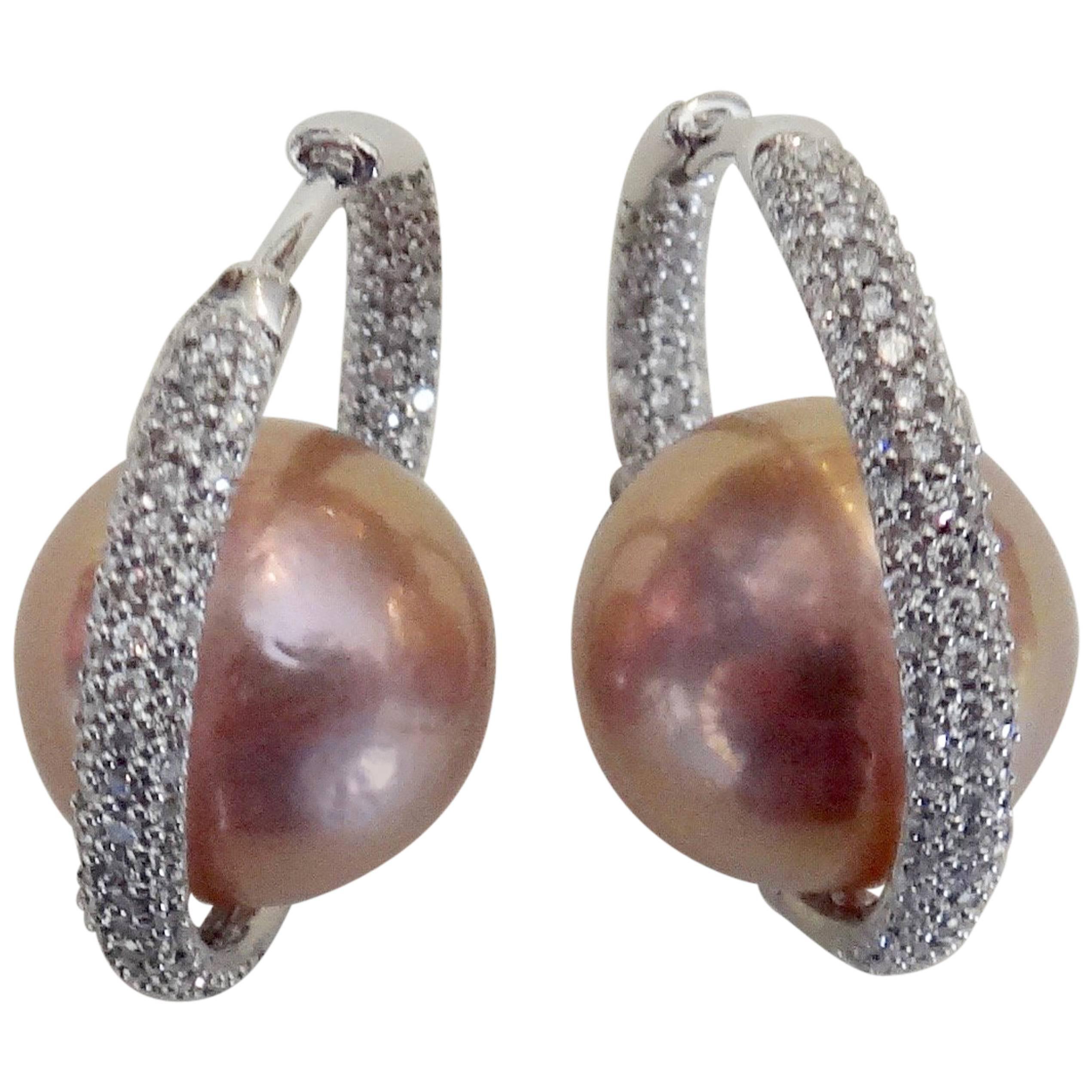 Michael Kneebone Inside Outside Pave Diamond Pink Pearl Hoop Earrings