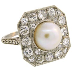 Edwardian Pearl Diamond Platinum Gold Ring