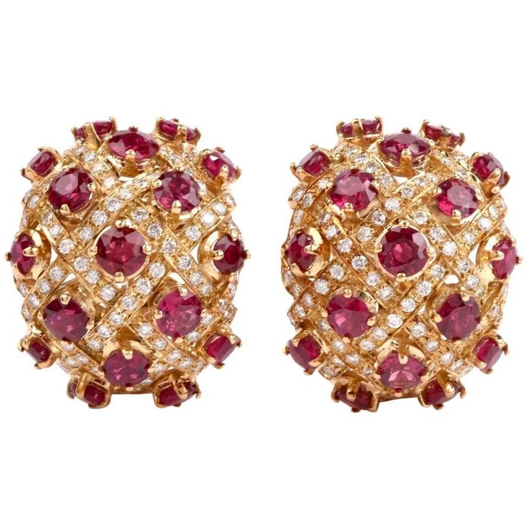 1980 Ruby Diamond Yellow 18 Karat Gold ClipOn Earrings at 1stDibs