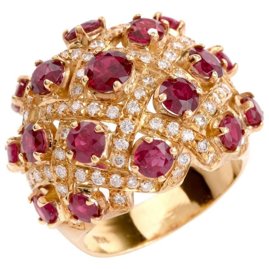 1980 Dome Design Ruby Diamond Yellow Gold Cocktail Ring