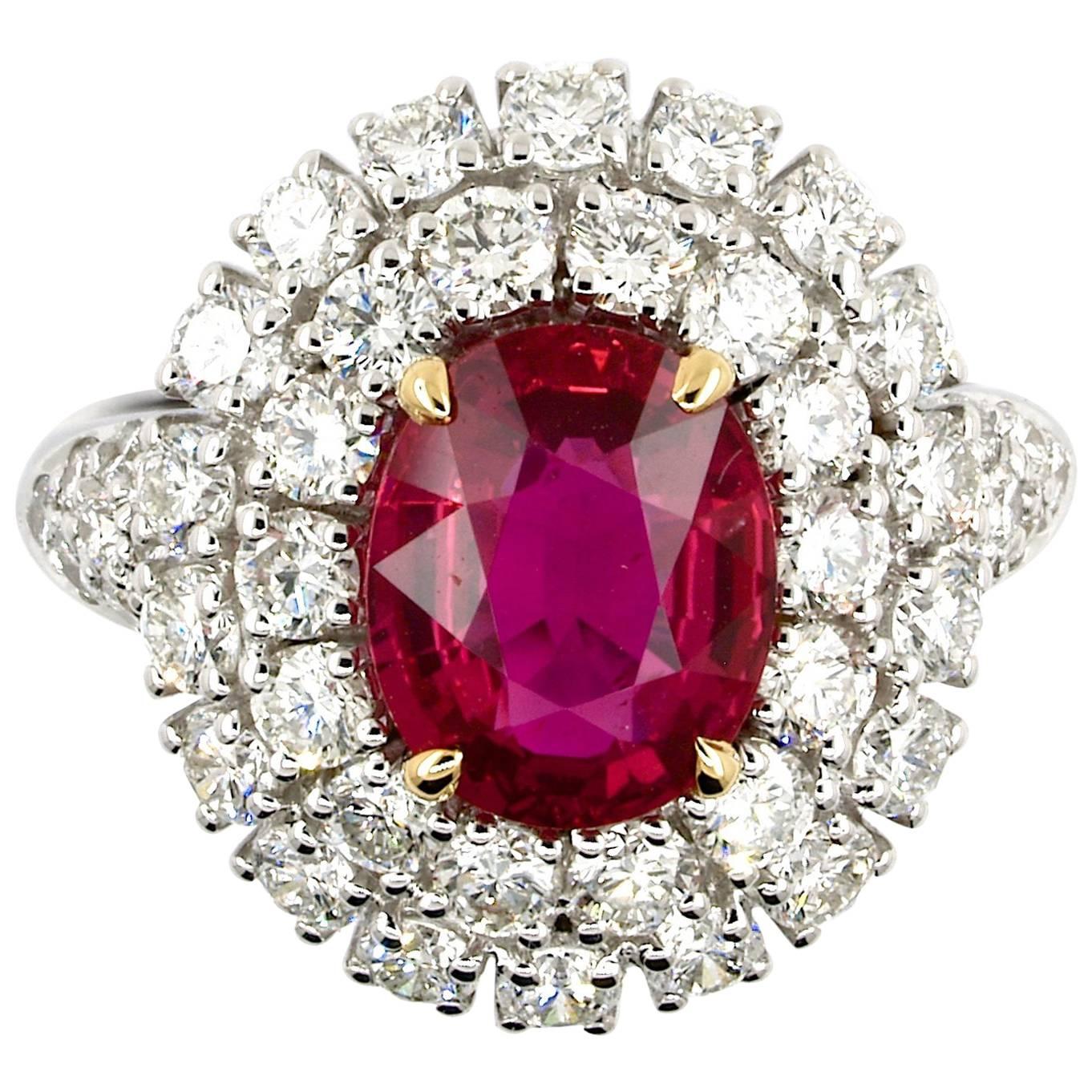 5.31 Carat GRS Certified Unheated Red Ruby and Diamond Ring For Sale